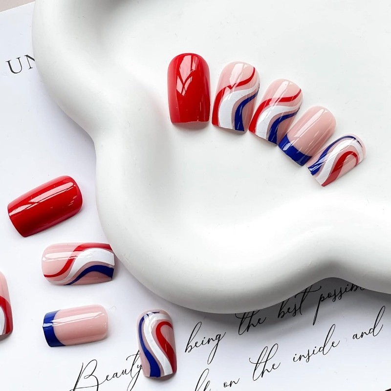 48Pcs-Short Square Press on Nails Red White Blue Swirl French Patriotic Nails