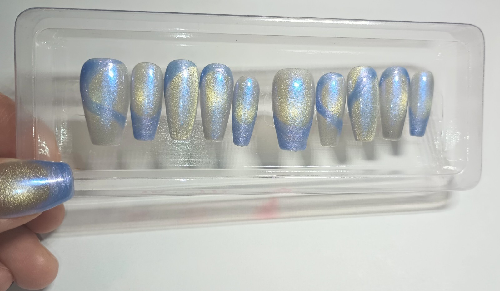 Green Gold Galaxy Cat Eye Press on Nails Handmade Fake Fingernails Gel Polish