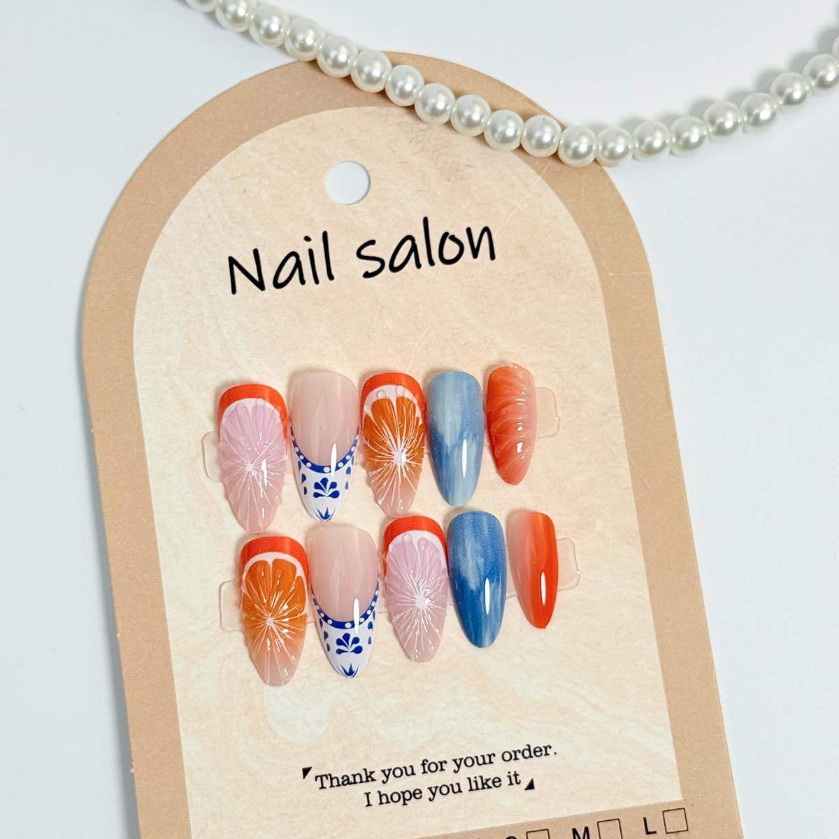 24pcs Orange Medium Almond Fake Nails Blue White French Tip Press on Nails Li…