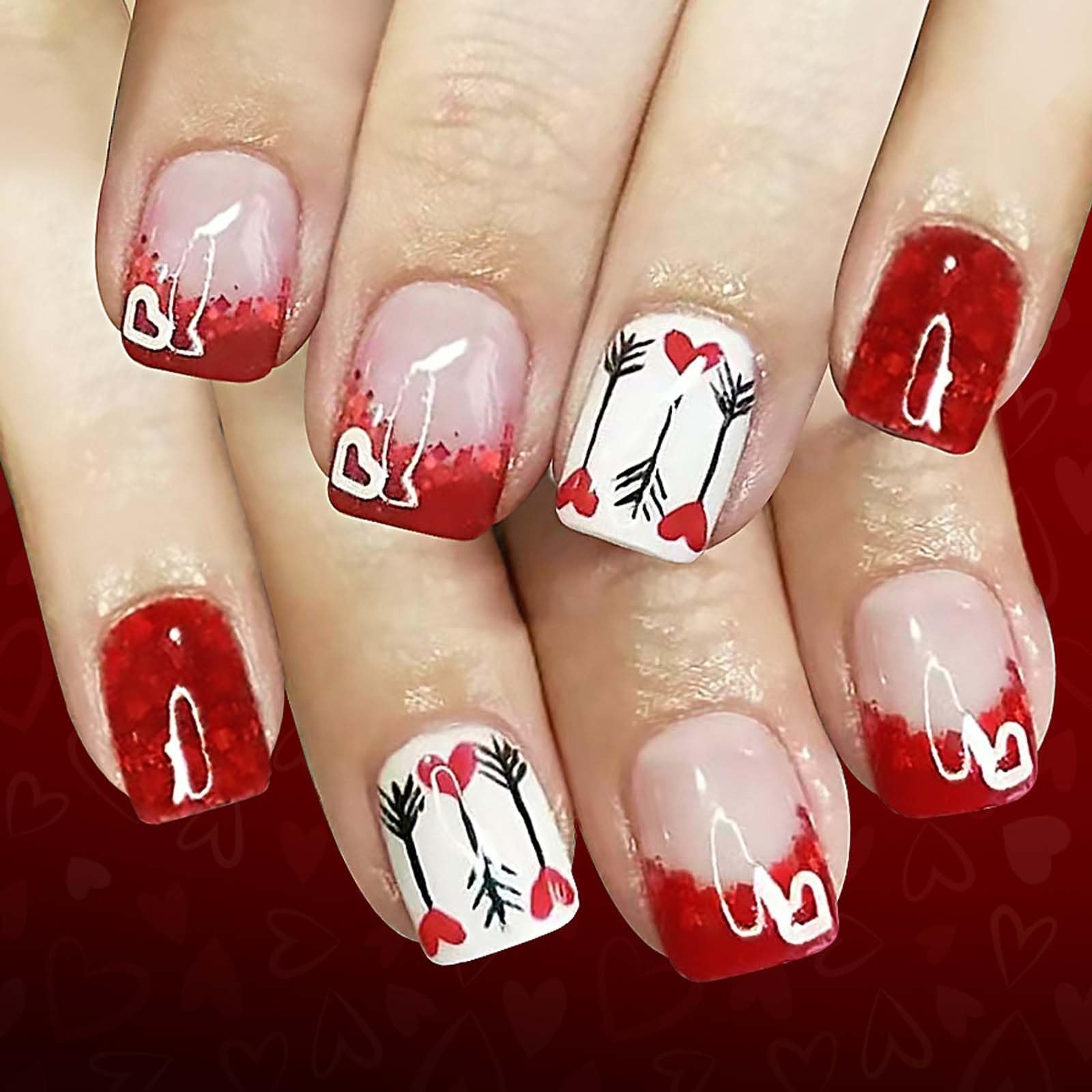 24Pcs Valentines French Tip Press on Nails Short Square Heart Fake Nails Red …