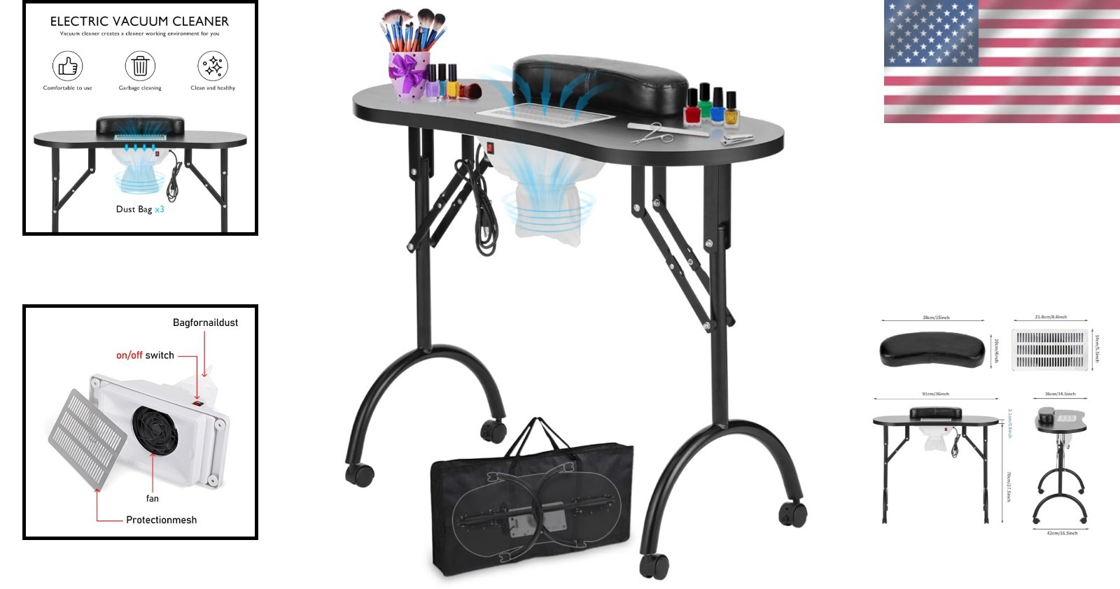 Portable Folding Manicure Table with Fan, Bag – Black