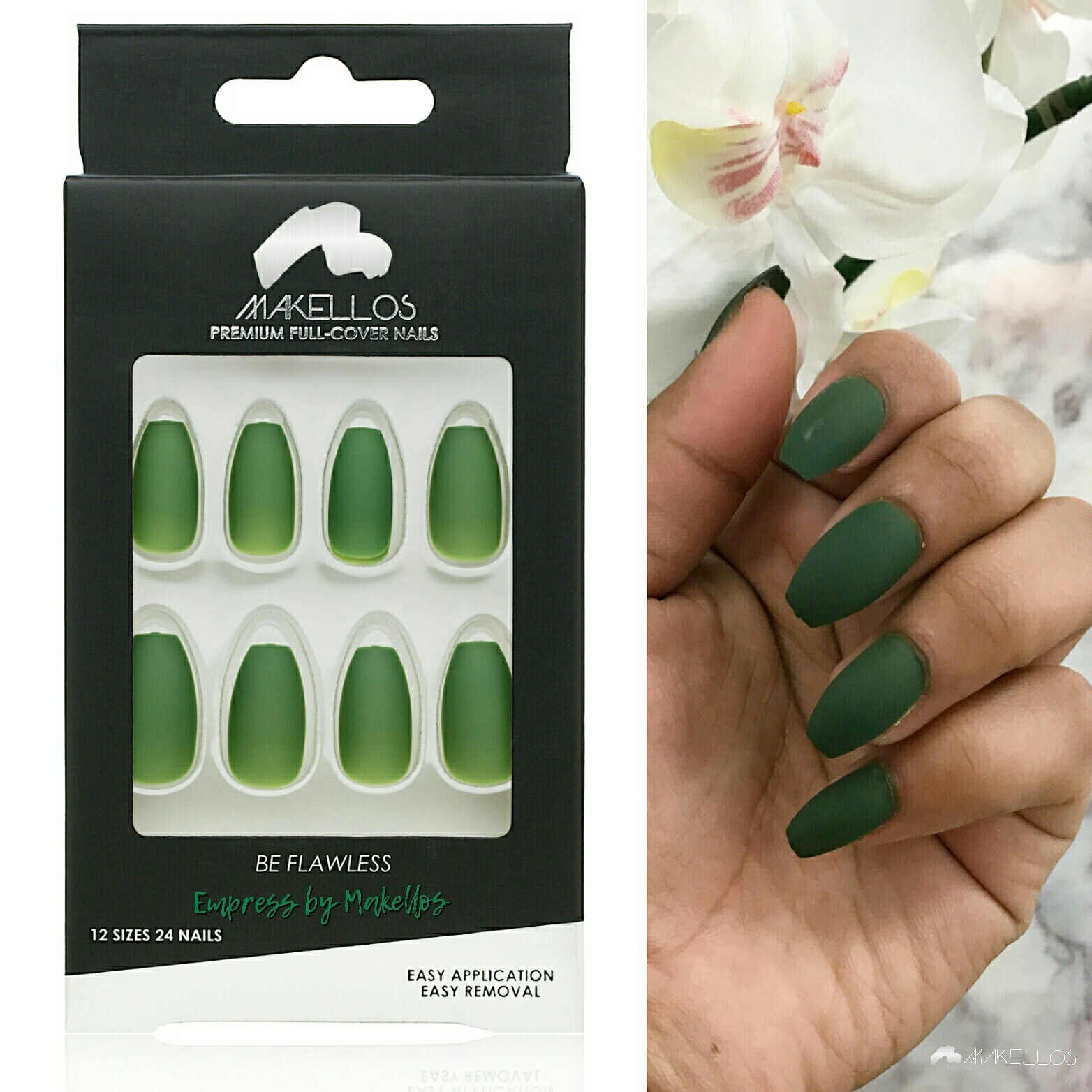 Empress by Makellos; Matte coffin shaped glue-on nails