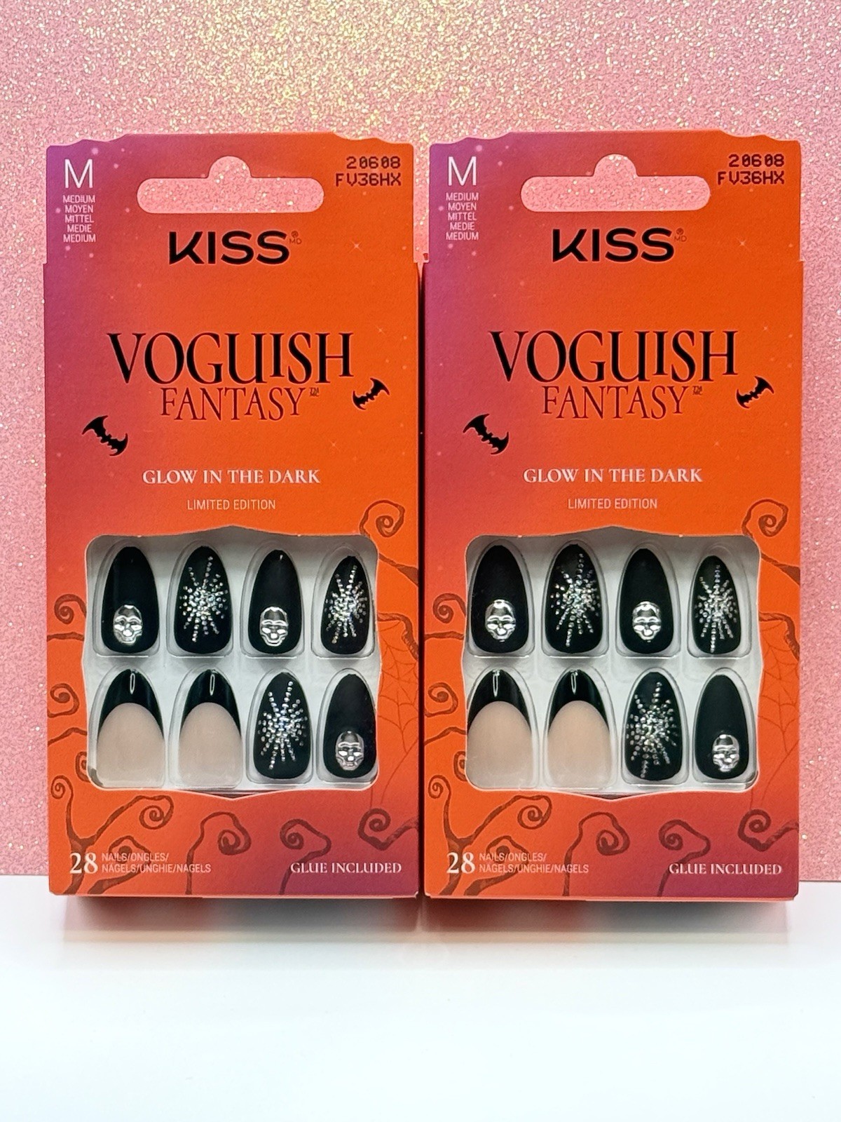 Kiss Voguish Fantasy Press-On Nails Halloween Medium Black Skull 20608 Lot Of 2