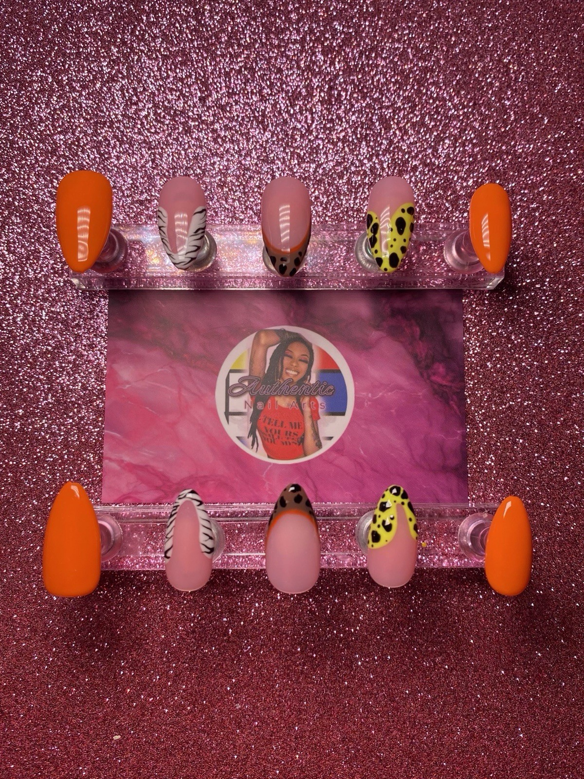 Authentic Nail Arts by Dia Almond Press-On Nails Orange Pink Animal Print Set