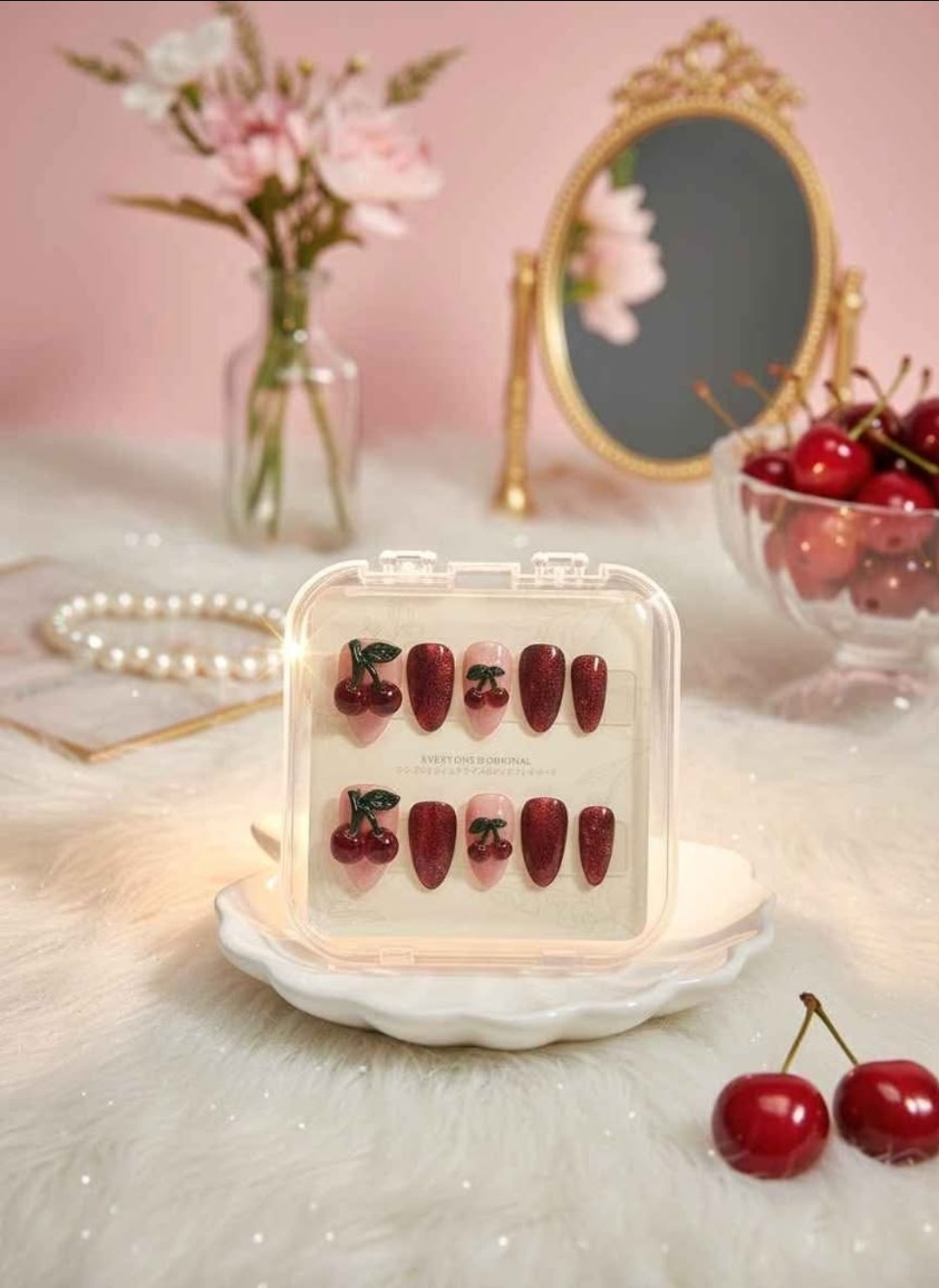 3D Cherry Press-On Nails Red Cateye Reusable Handcrafted Size: Small