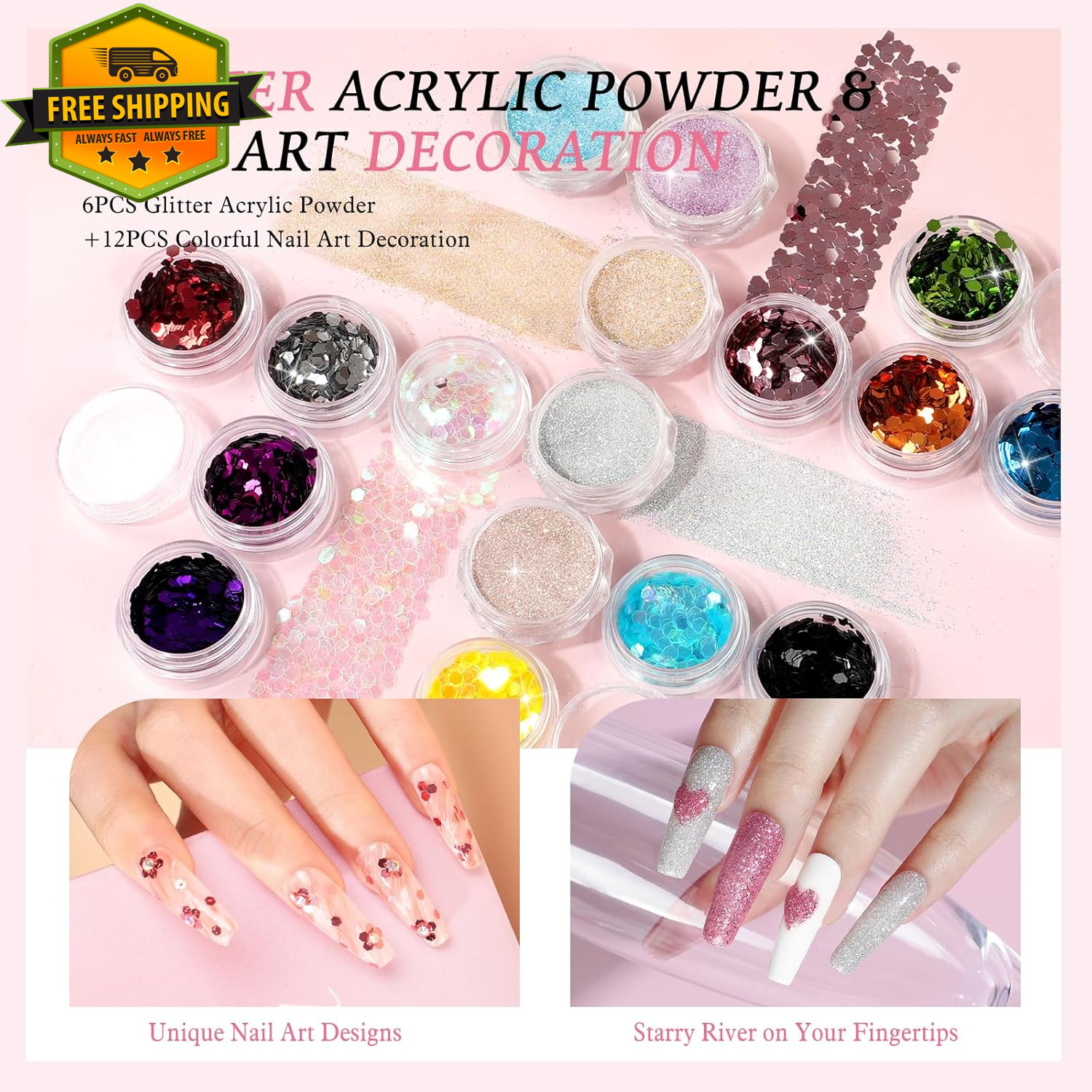 Acrylic Nail Kit With Drill UV Light 3 Powder Glitter Tips DIY Home Salon Set