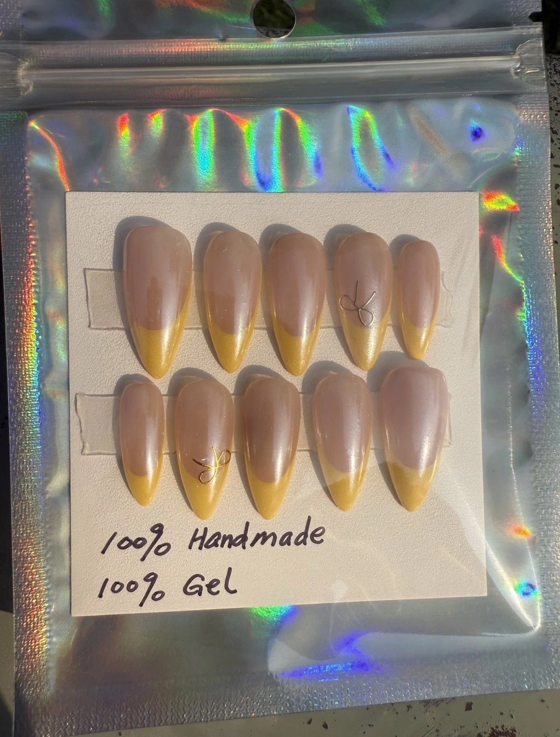 Handmade 10ps gel Press on Nails,Yellow French tip w chrome size Medium