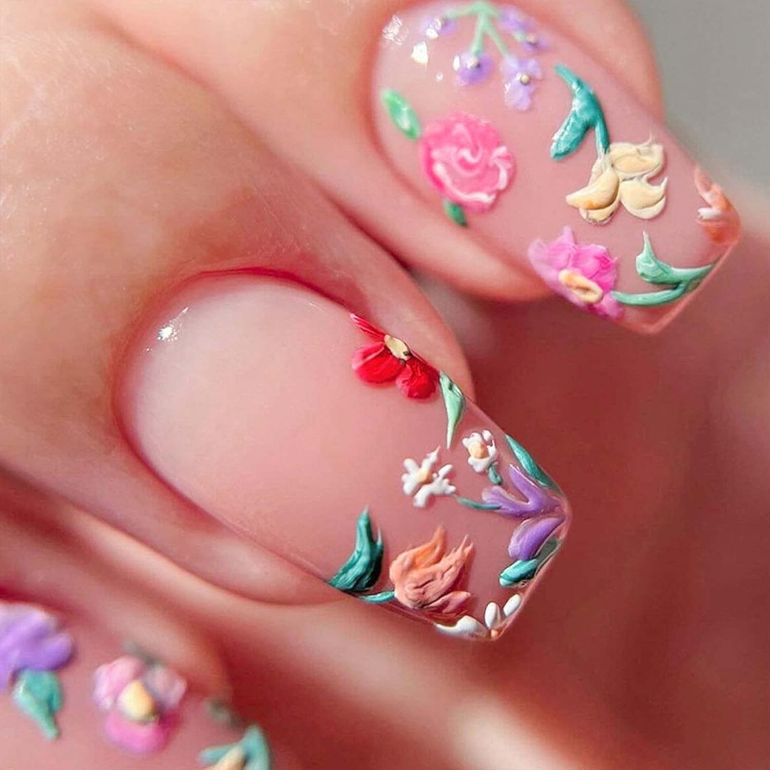 Acrylic Press On Nails Medium Colorful Floral Design Perfect for Any Occasion
