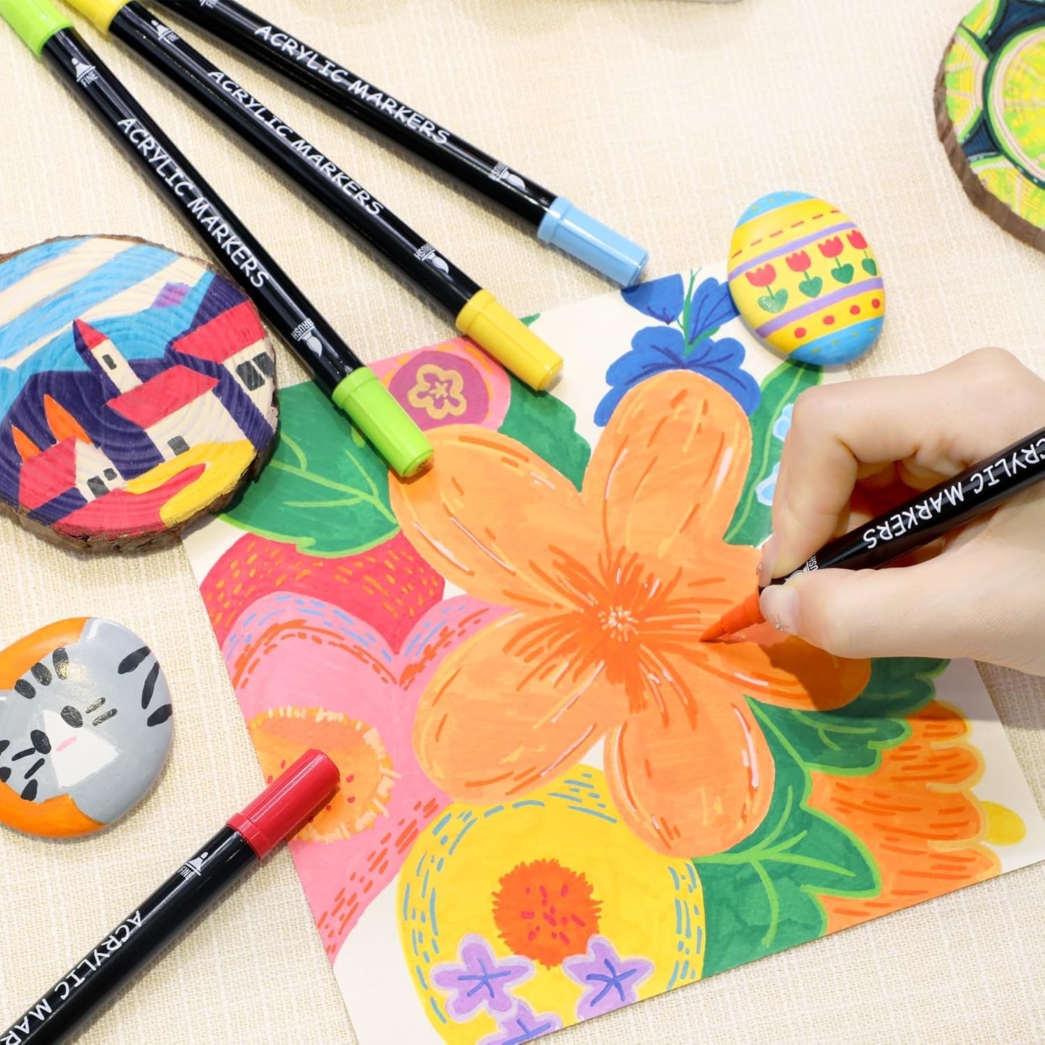 30 Colors Acrylic Paint Markers, Dual Tip Fine and Brush Tips for Detailed Art