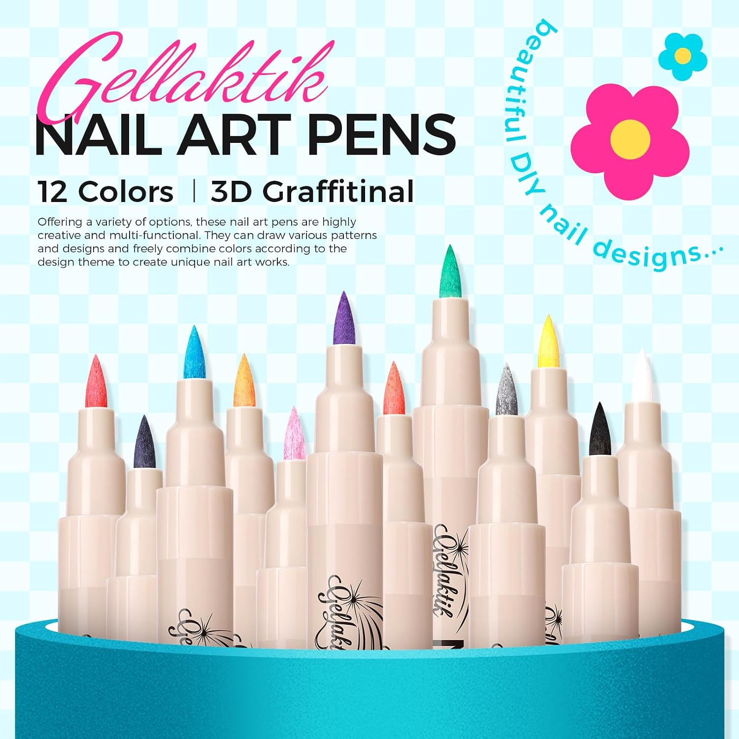 12 Colors 3D Nail Art Pens 0.7Mm, Waterproof Quick Dry for DIY Nail Design | Acr