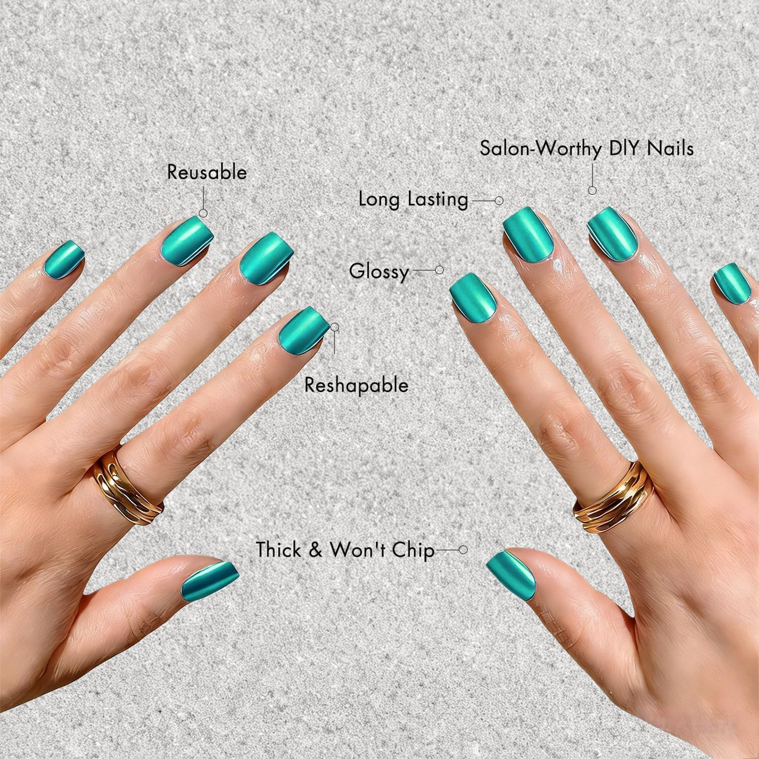 30PCS Short Square Chrome Press On Nails Teal Blue Glitter Fake Nails for Women