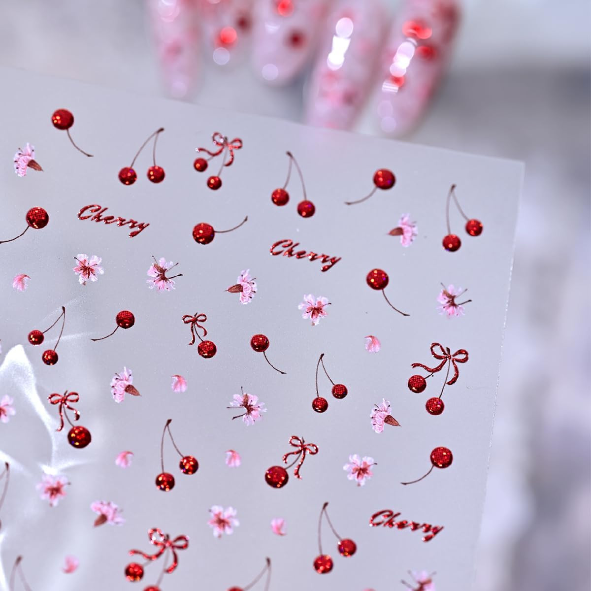 Red Cherry Nail Art Stickers 1 Sheet Self-Adhesive 5D Embossed Cherry Blossom Bo