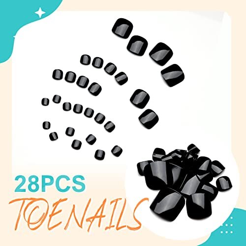 28pcs Solid Press on Toenails Short Fake Toe Nails Square Glossy Full Black
