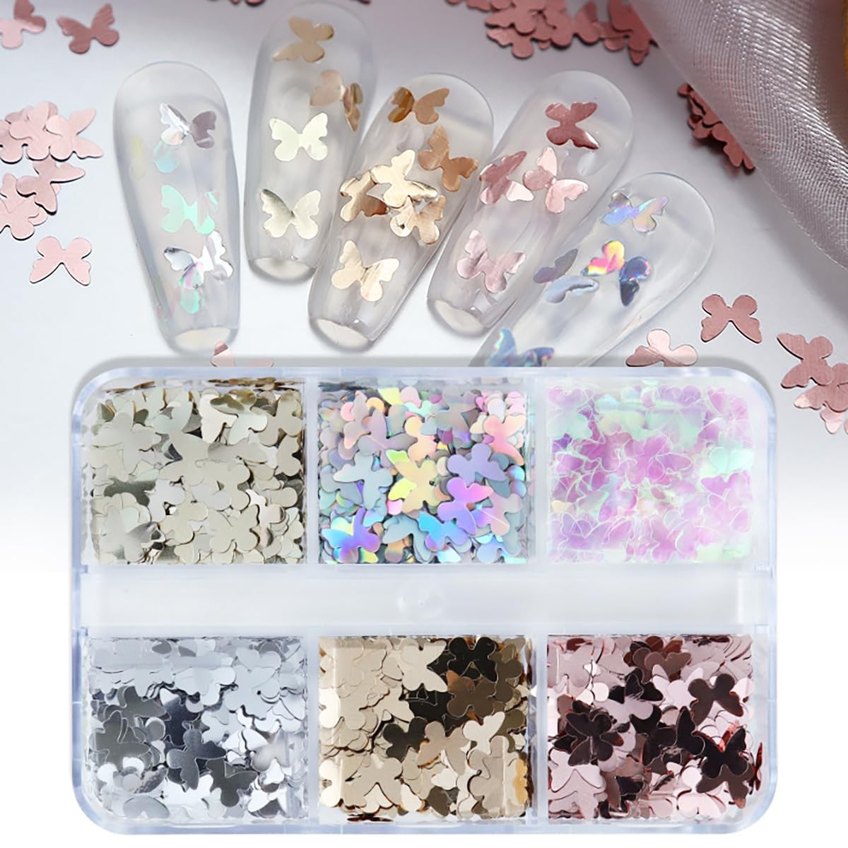 6 Grids Holographic Butterfly Nail Art Glitter Sequins 3D Sparkly Laser Butte…
