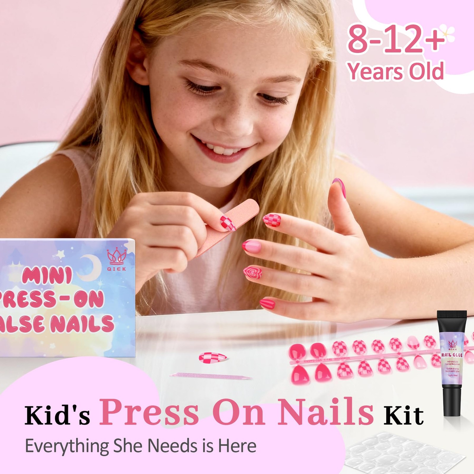 QIEK Rose Pink Grid Kids Press On Nails 1 Pack