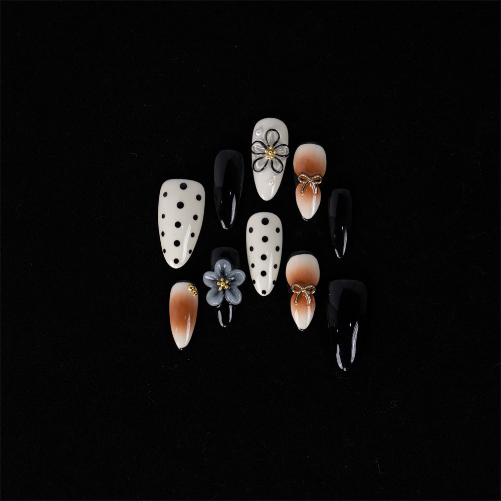 10pcs Black White Brown Almond Nails 3D Polka Dot Flower Unique Design