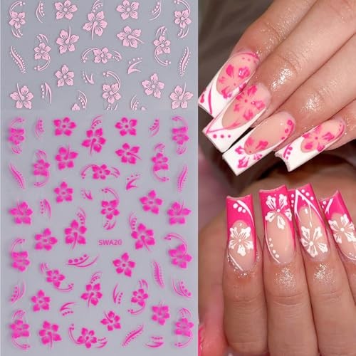 Flower Nail Stickers for Nail Art 12PCS Nail Decals 3D Self Hibiscus Flowers