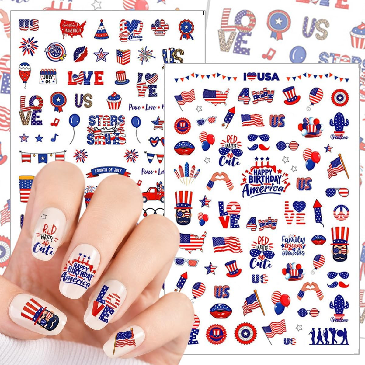 4Th of July Nail Stickers Decals Red White Blue Independence Day Map Fireworks 3