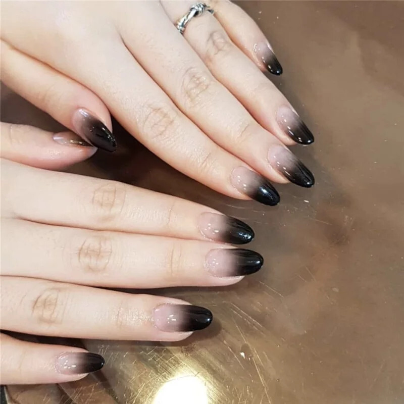 24 Medium Press on nails kit w glue ombre black clear goth fall