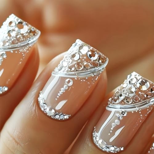 Silver Curve Line Press on Nails 24Pcs Rhinestones Stick on Nails Crystal Queen