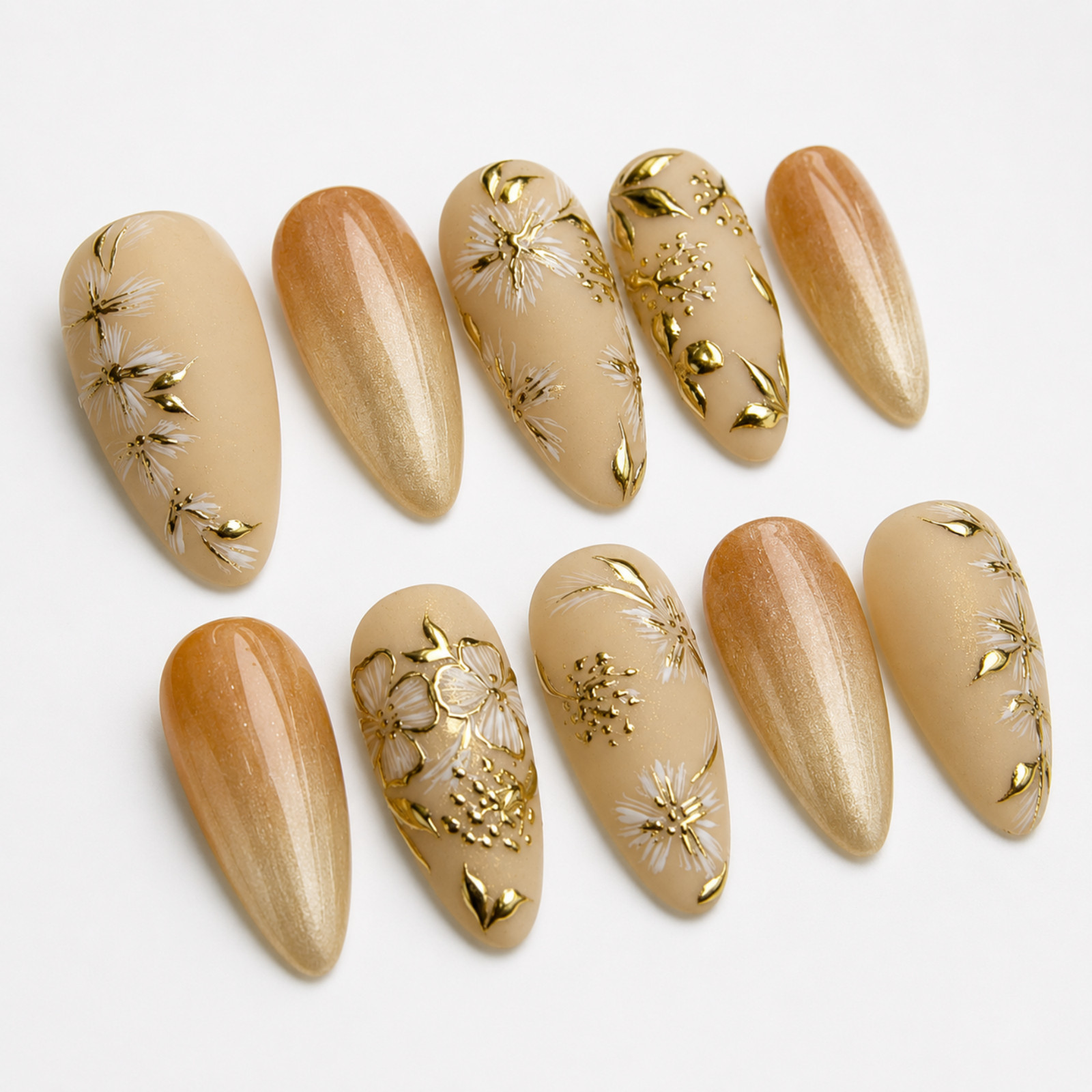 Handmade Nude Gold Floral Press On Nails White Flower Almond Set