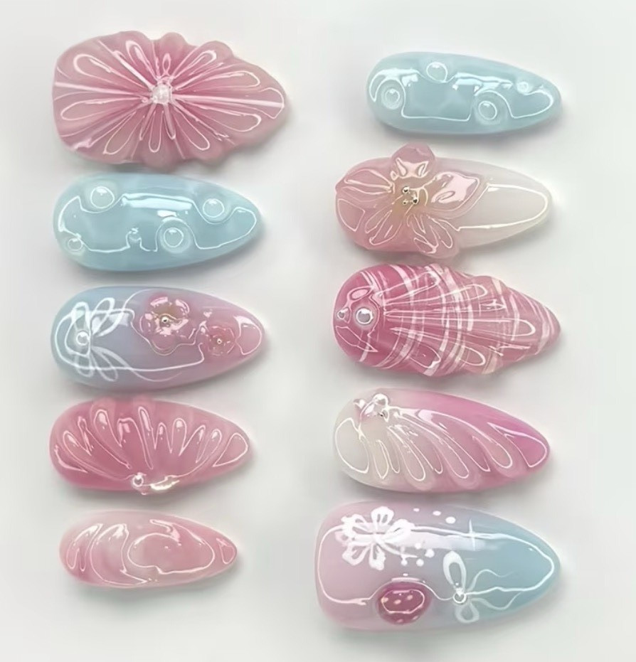 Press-On Nails Set Pink/Blue/White 3D Flower Full Cover Pre-Designed Reusable