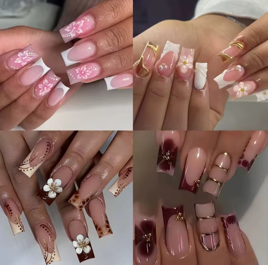 4in1 Luxury Press On Nails Set – 3D Flower Pearl Design French Long Coffin Nails