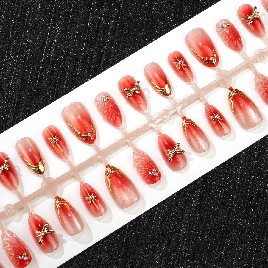 60Pcs-Long Almond Red Cat Eye Gradient Gold Bow Star Rhinestone Press on Nails