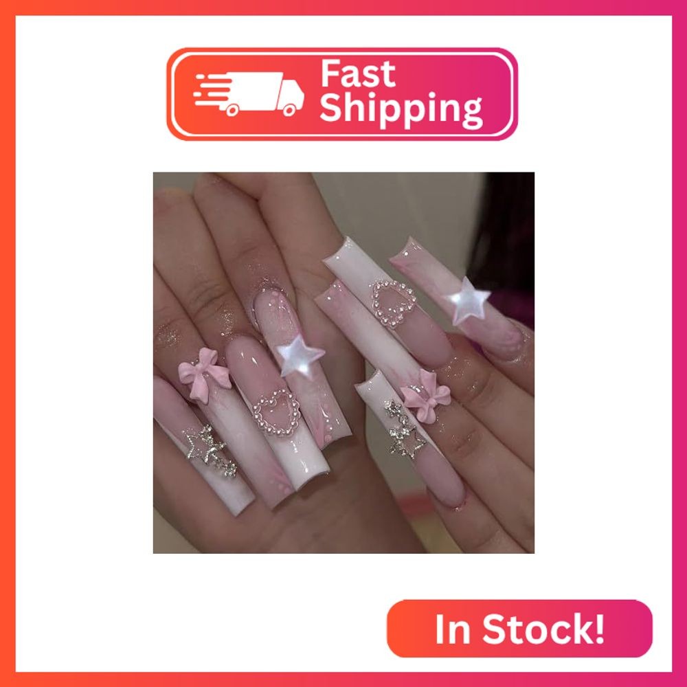 24 Pcs Long Press on Nails Coffin RIICFDD French Fake Nails with 5D Star & Bow N