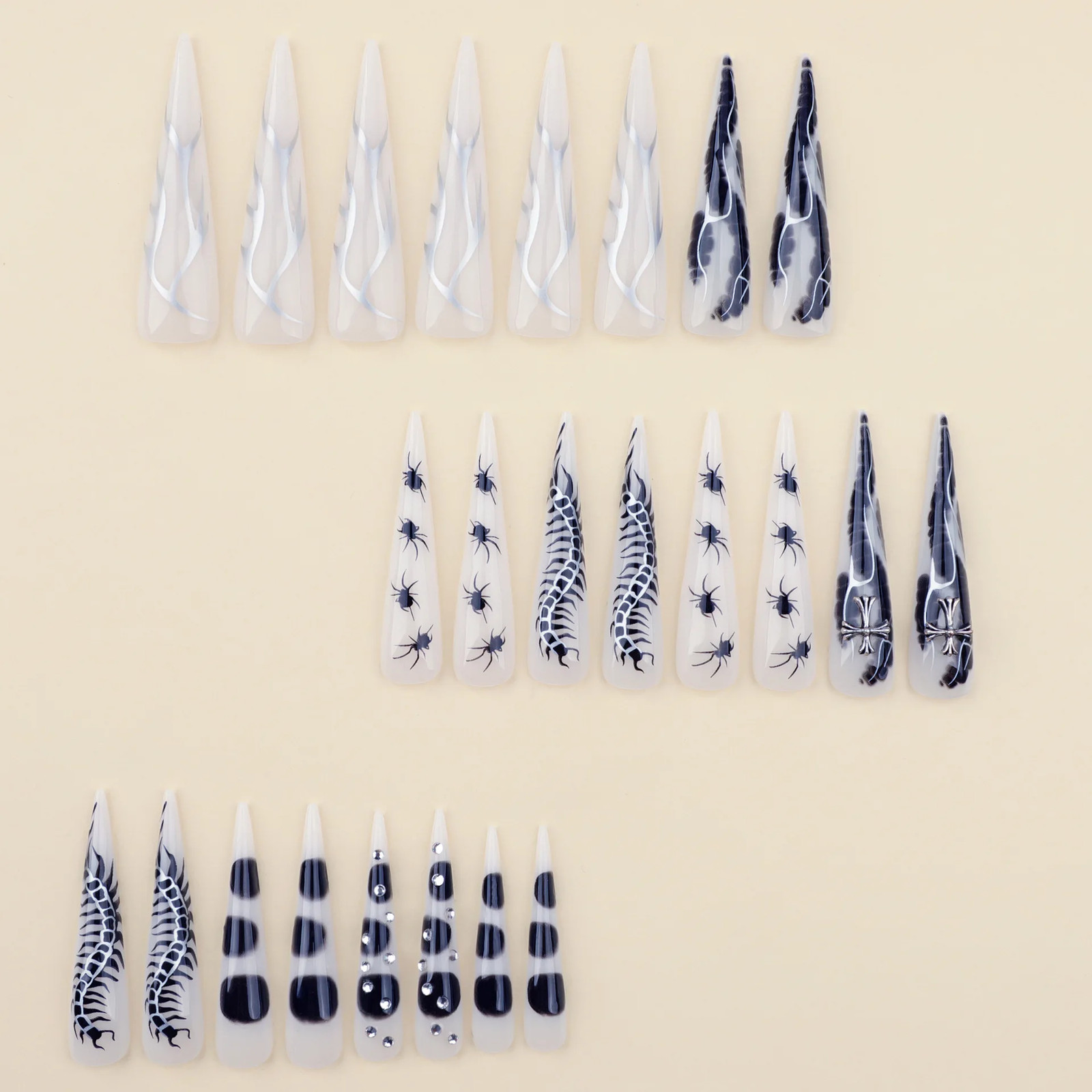 24pcs Y2k Sliver Flame Spider Long Pointed Press on Nails
