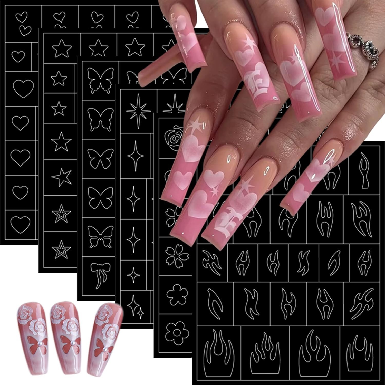 6 Sheets DIY Airbrush Nail Stencils – Butterfly, Heart, Star, Flame Designs f…