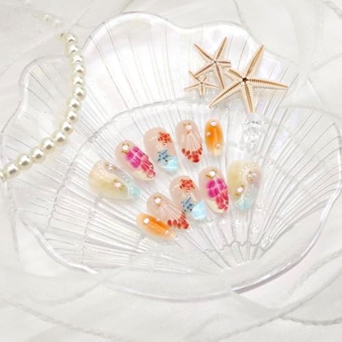 24Pcs Summer Ocean Press on Nails Short Almond French Tip Fake Nails with Pearl