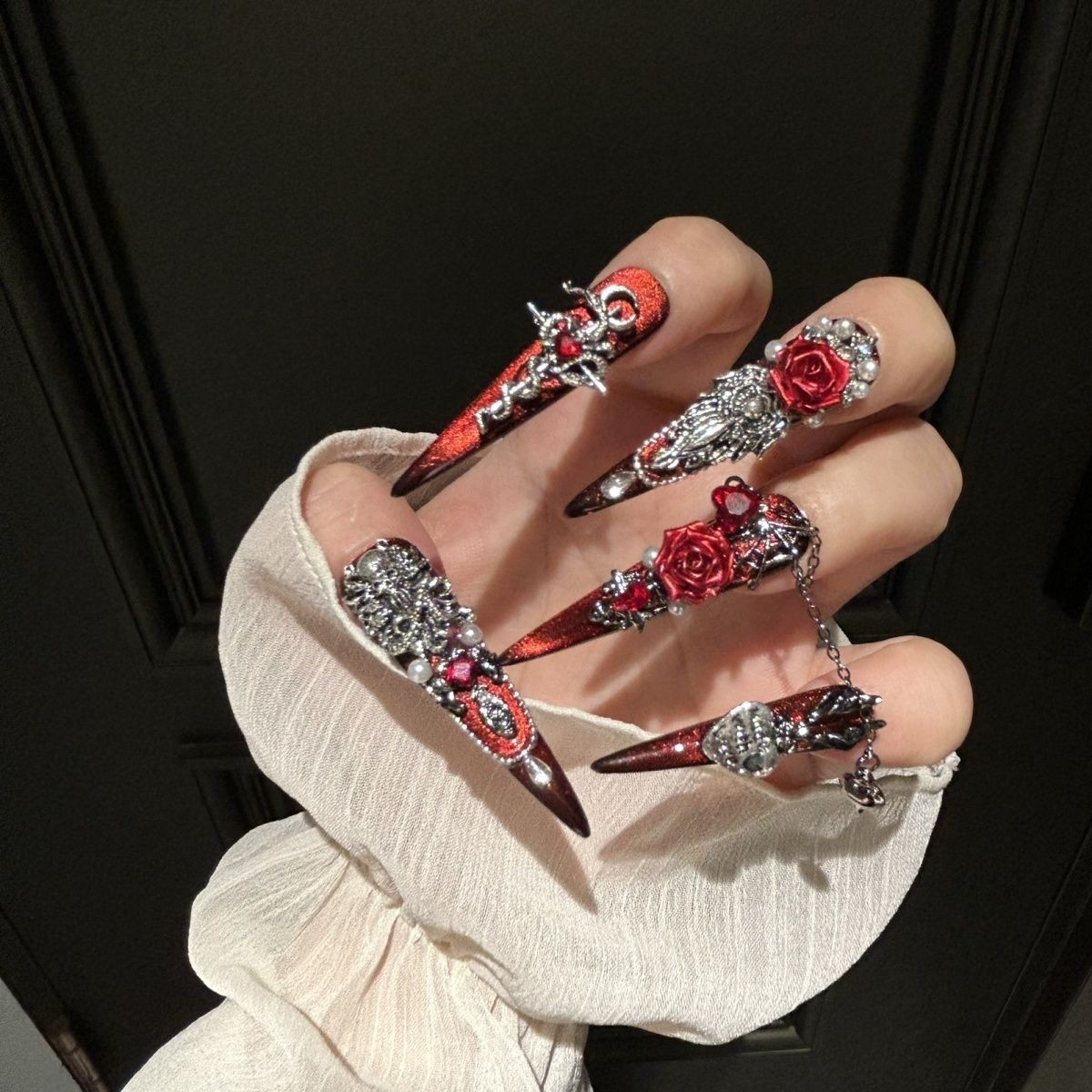 Handmade Gothic Rose Dark Nails Removable Press On Nails