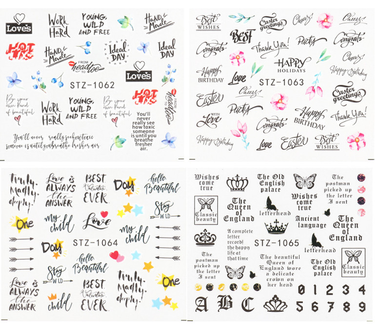 16 Sheets Nail Art Stickers Waterproof Decal Love Words Letters Heart Snake NS8