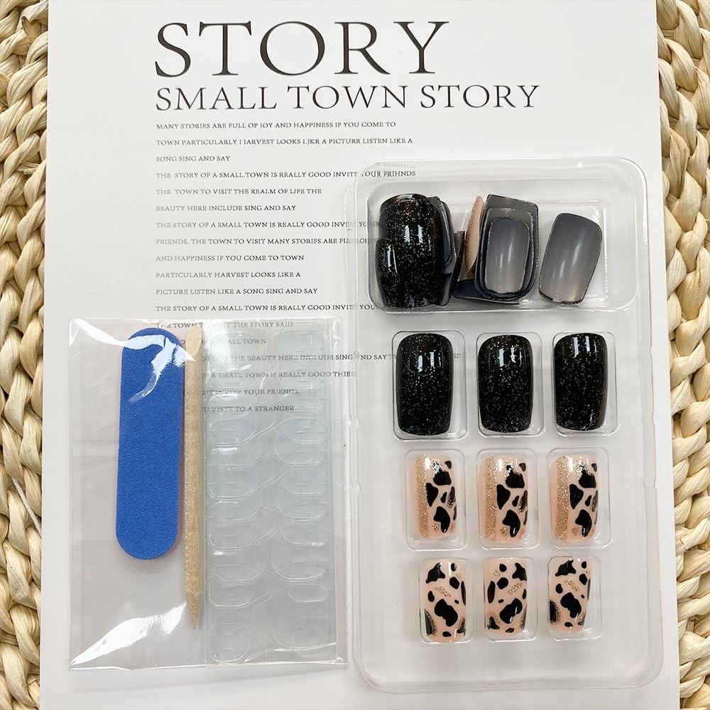 Black Press on Nails Short Square Fake Nails Full Cover False Nails with Gel …