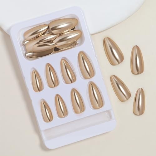 Gold Press on Nails Medium Almond Fake Nails Chrome Metallic False Style-12