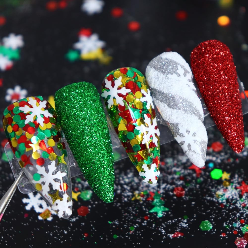 LPOODDNU Winter Nail Art Decorations: Flakes 3D christmas red green glitters