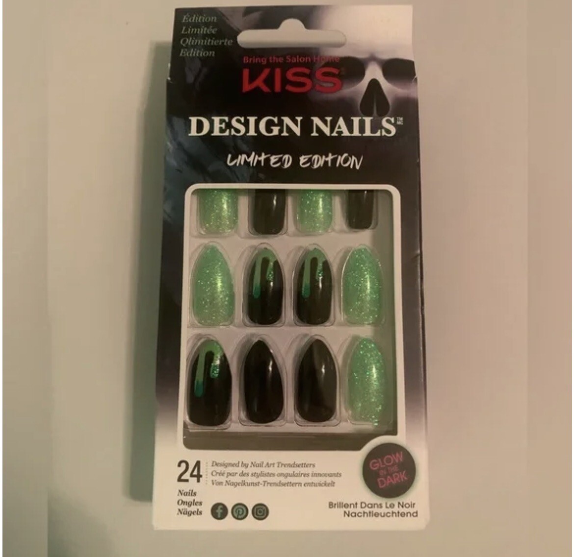 KISS Design Nails Halloween Glow In The Dark *Black/Green Shimmer-Almond* RARE