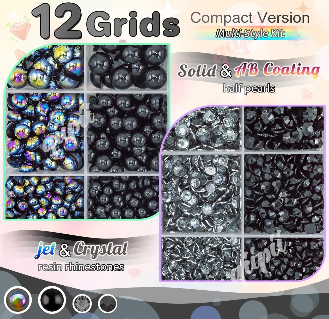 qiipii 3mm-8mm Black Flatback Pearls and Rhinestones for Bedazzling Crafting …