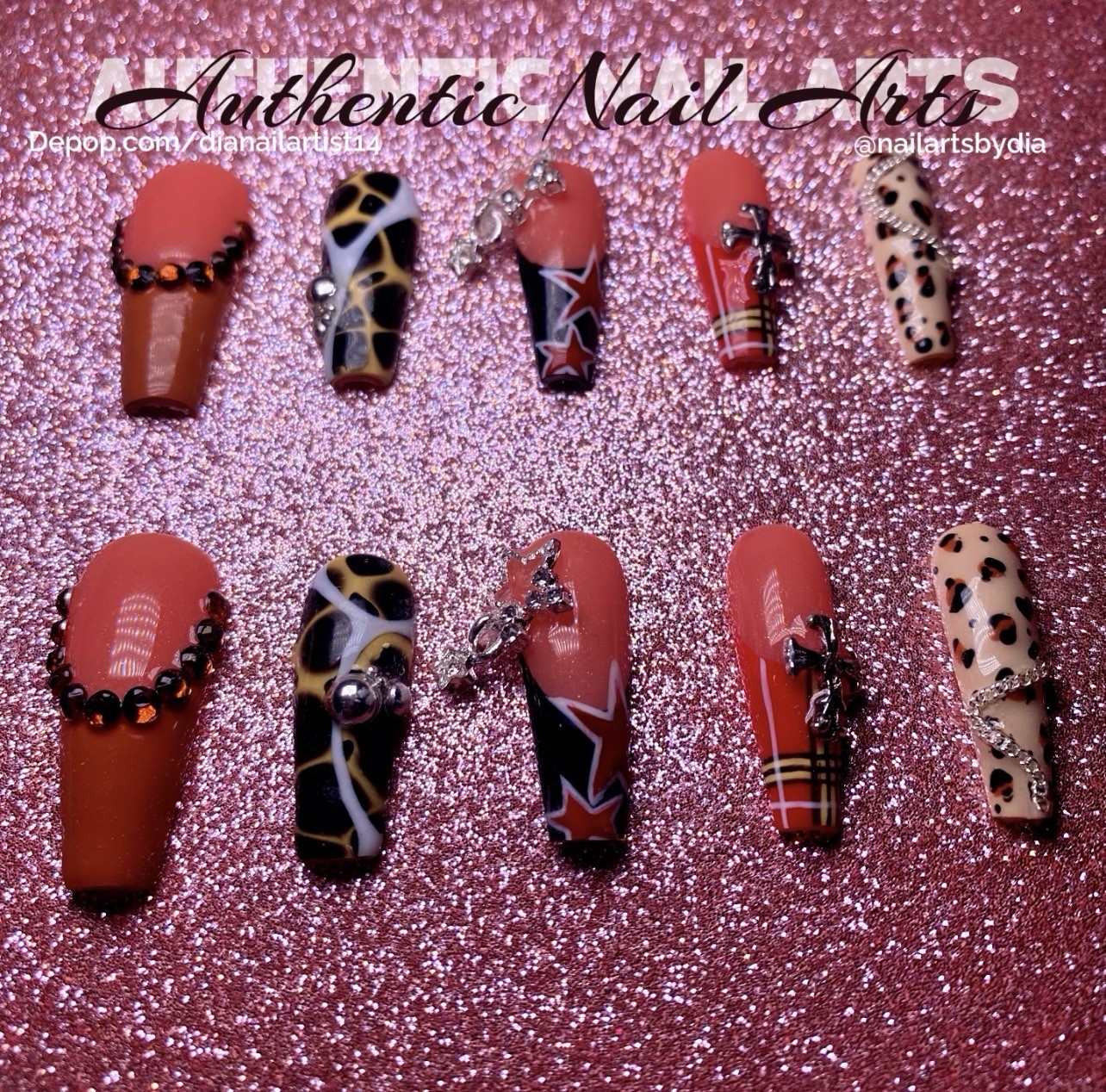 Authentic Nail Arts by Dia Long Coffin Press-On Nails Multicolor 3D Shiny Set