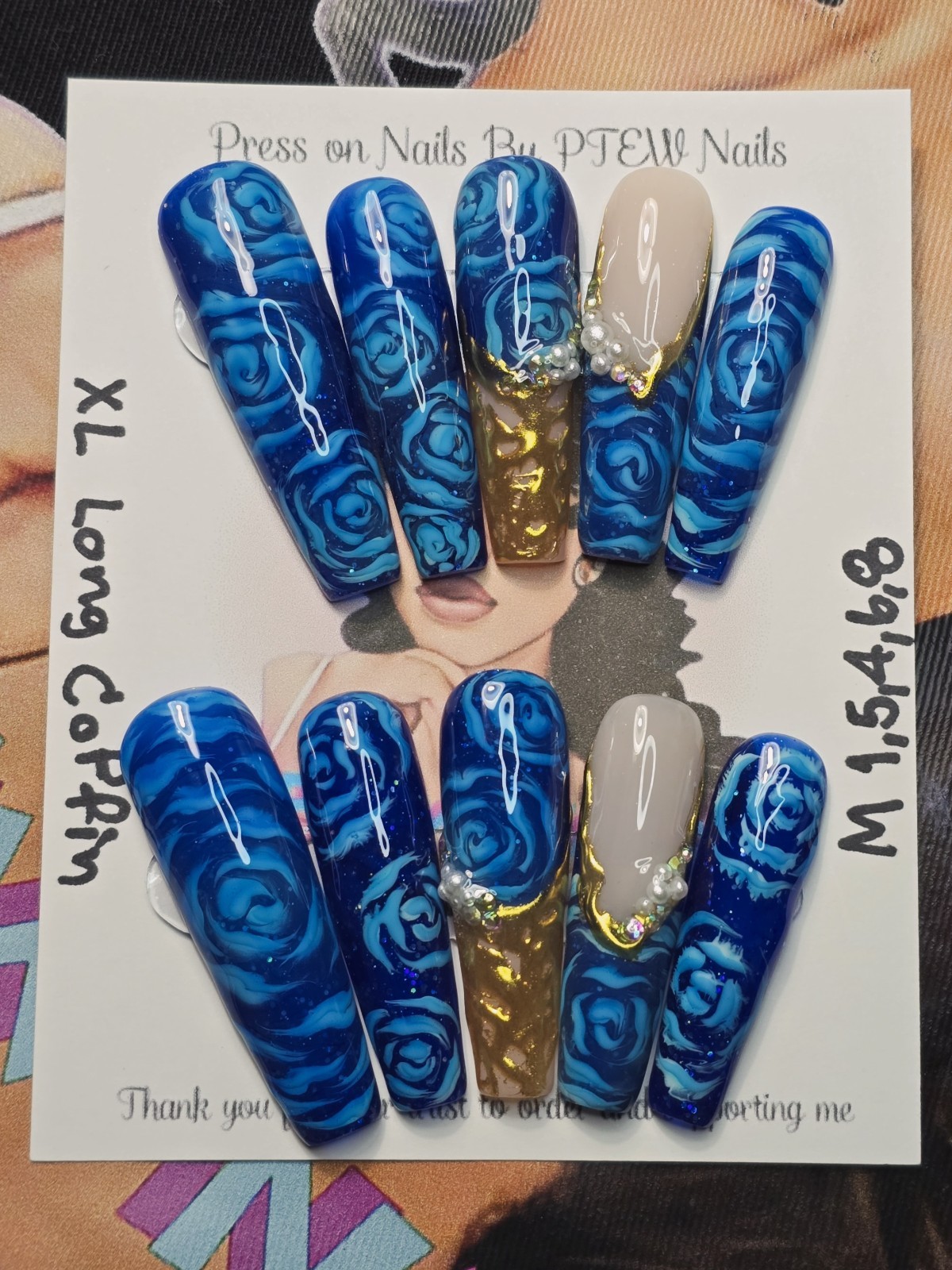 Handmade Gel Press On Nails,V Rose Nails,Medium Size 1,5,4,6,8 XL Long Coffin
