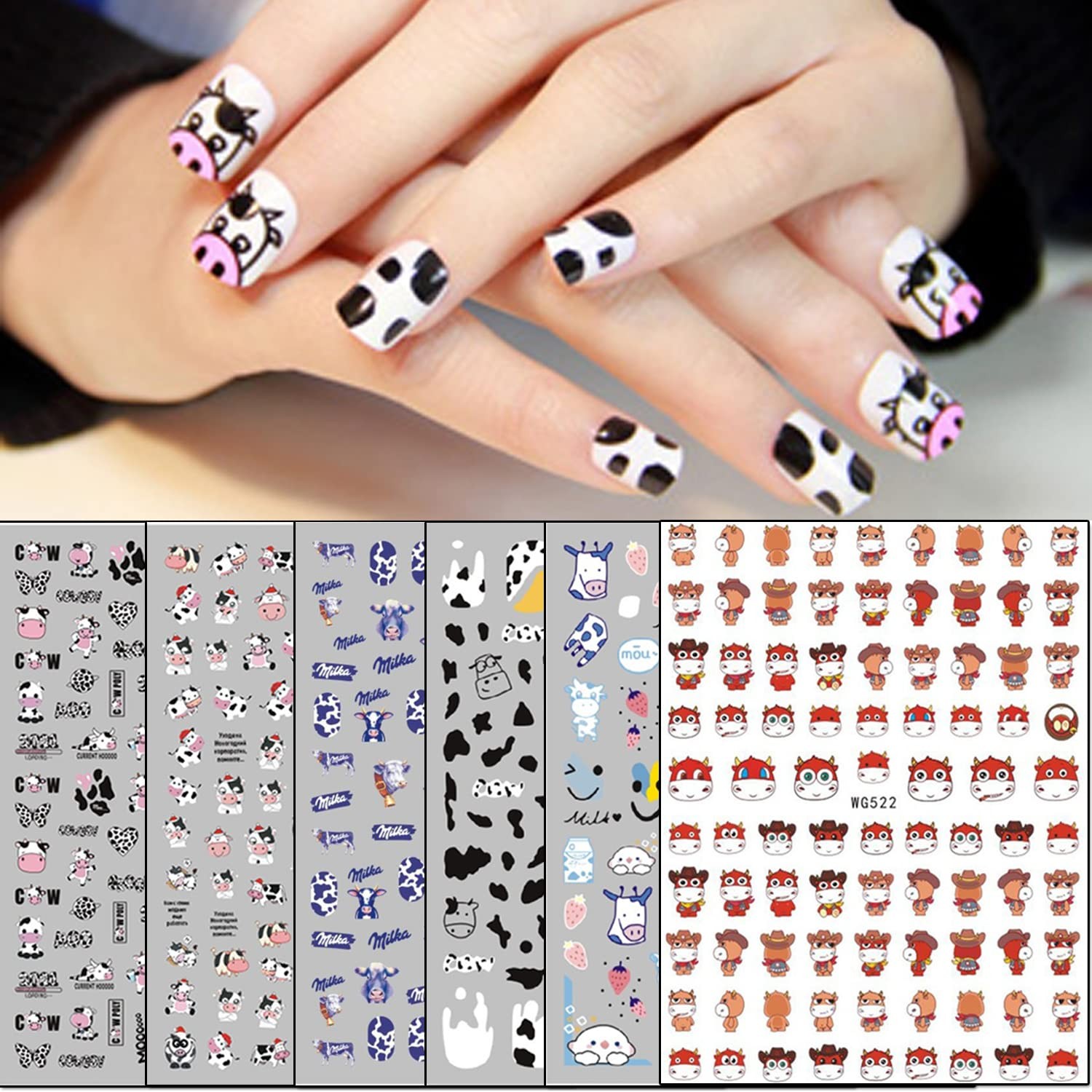 Cute Cow Nail Art Stickers, Cartoon Cow Nail Decals 3D -Adhesive Nail Sticker…
