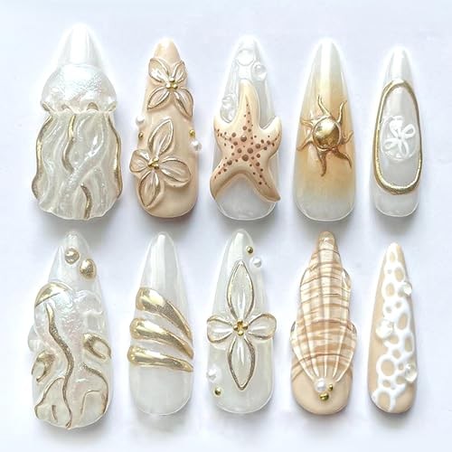 30Pcs Handmade Nails 3D Flower Press on Nails Almond Ocean Starfish Style 3