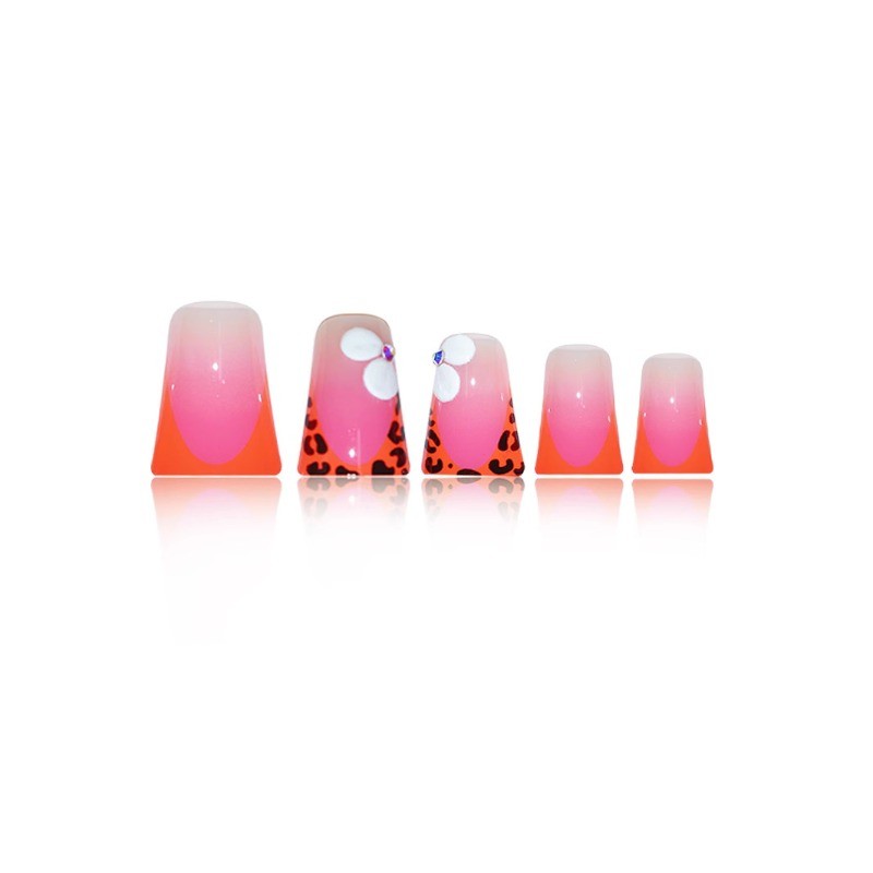 24pcs-Vibrant Fake Nails with Pink Orange Gradient, Leopard Tips and 3D Flowers