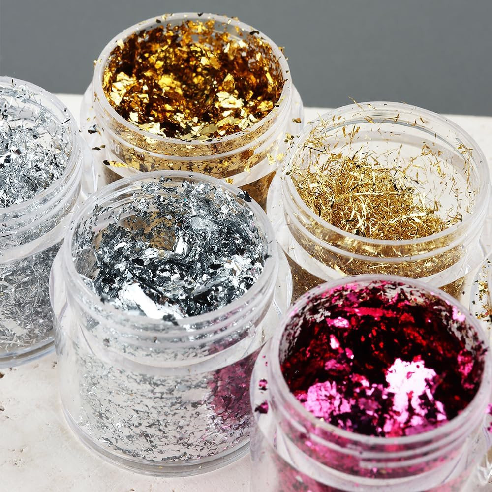 Gold Foil Flakes for Nail Art, 6 Bottles Irregular Silver Hot Pink Gold Leaf for