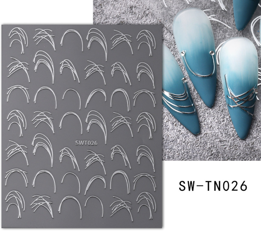 2Pcs Decoration 3D Silver White French Stripe Curve Line Tips Nail Stickers NH27