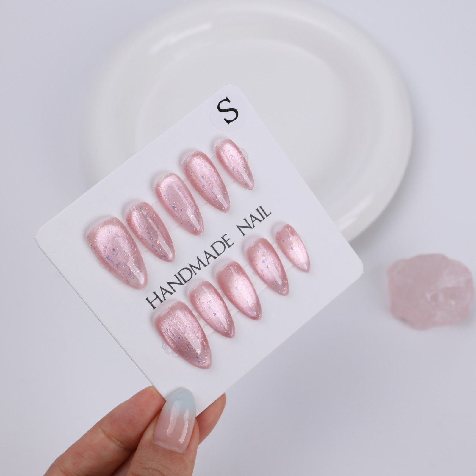 Sakura Pink Cat Eye Almond Press On Nails – Gold Foil Glitter Bridal False Nails