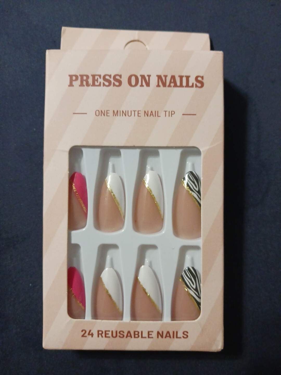 Nude & Zebra Angled Pattern Gold Glitter Reusable Press On Nails 24 pcs