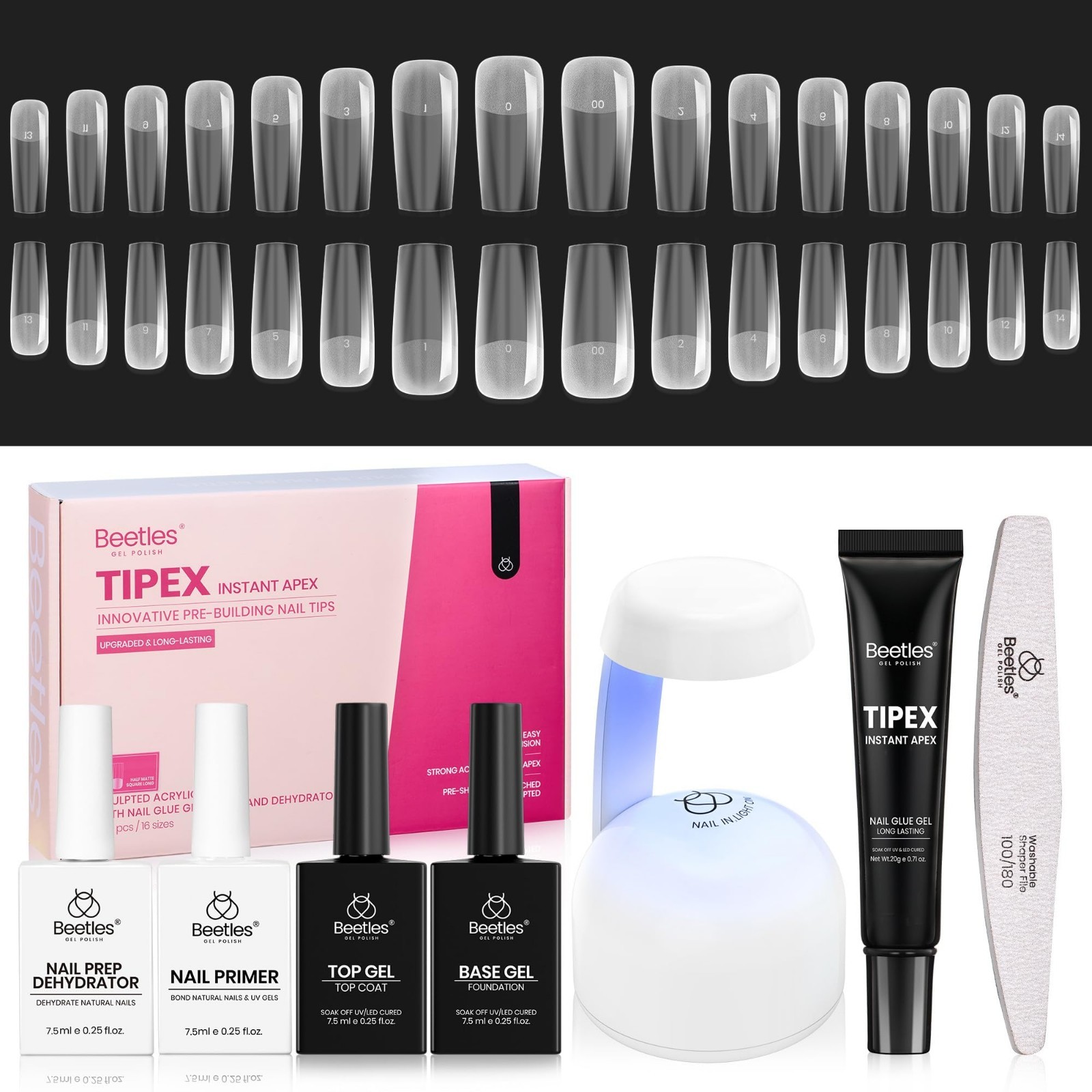 224PCS Long Square Nail Tips Kit with Dehydrator, Primer, UV Lamp & Glue – Stron