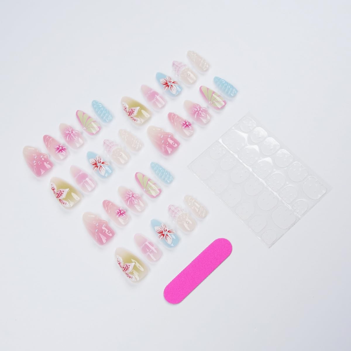 30Pcs Spring Flower Press on Nails Medium Almond Shape Pink Blue Floral Fake …